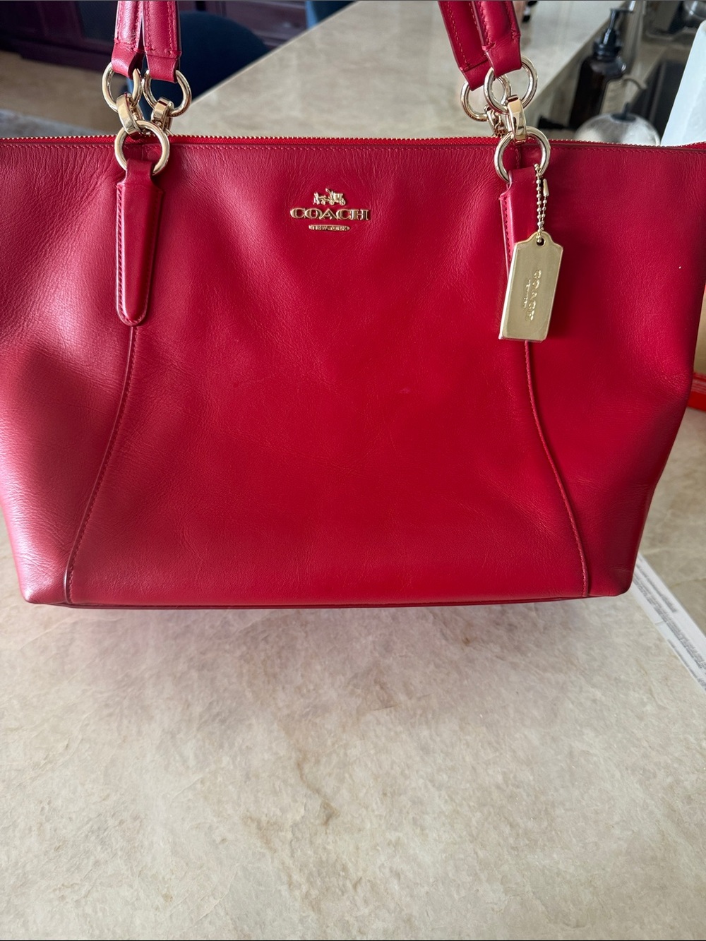 Coach Red Leather Shoulder Tote with Gold Accents